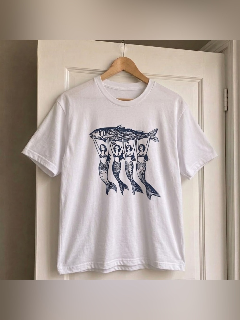 Mermaids Holding Fish Blue Line Art White Nautical Graphic Tee